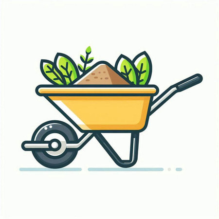 Wheelbarrow with soil and green leaves icon. Flat design vector illustration.のイラスト素材