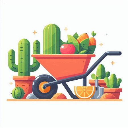 Gardening wheelbarrow with fruits and vegetables, flat vector illustration.のイラスト素材