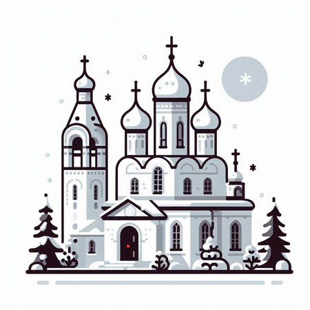 Orthodox church. Vector illustration in flat linear style. Monochrome.のイラスト素材