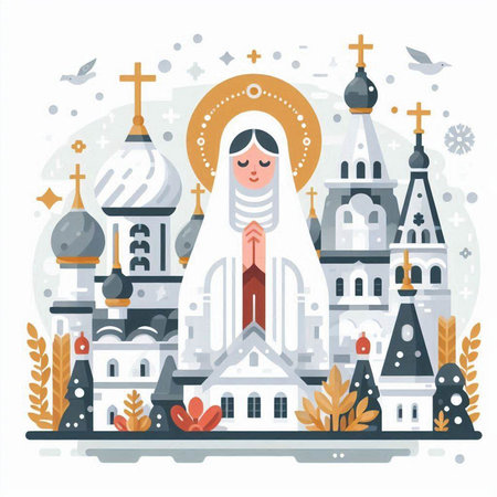 Vector illustration of Russian orthodox church in flat style. Religious symbols.のイラスト素材