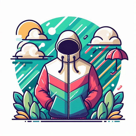 Vector illustration of a man in a raincoat with an umbrella on the background of nature.のイラスト素材