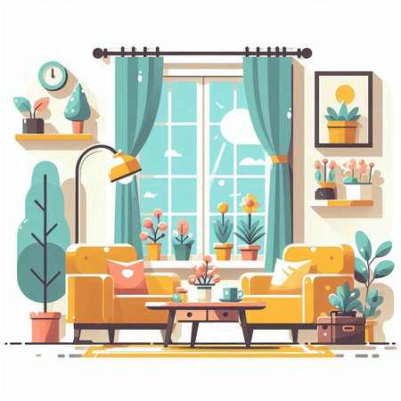 Living room interior. Cozy living room with furniture and plants. Flat vector illustration.のイラスト素材