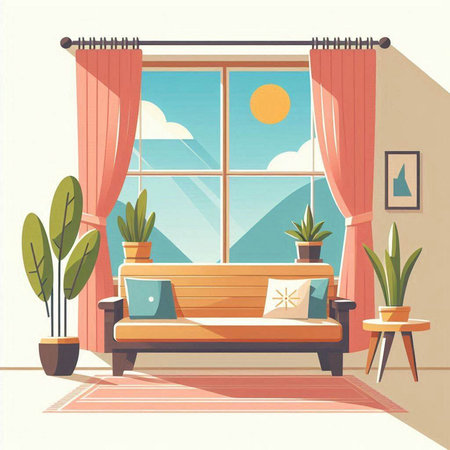Living room interior with sofa, windows and plants. Vector illustration.のイラスト素材