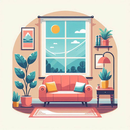 Living room interior with sofa, plant and window. Flat style vector illustration.のイラスト素材