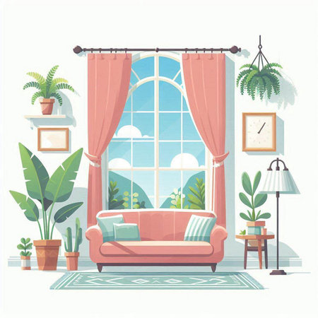 Living room interior with window, sofa and plants. Vector illustration.のイラスト素材