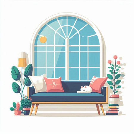 Living room interior with sofa, window and plants. Vector illustration.のイラスト素材