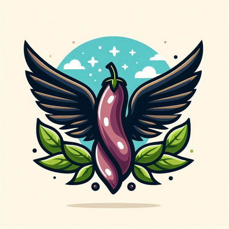 Eggplant with wings and leaves. Vector illustration in flat style.のイラスト素材