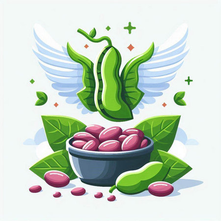 Vector illustration of a bowl of soybeans with wings and leaves.のイラスト素材