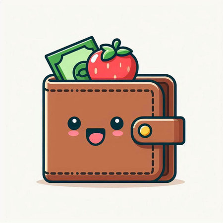 Cute wallet with money and strawberry. Vector cartoon character illustration.のイラスト素材