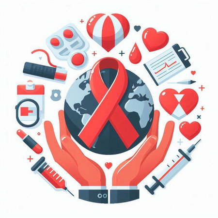 Vector illustration of World Aids Day. Red ribbon symbol in circle.のイラスト素材