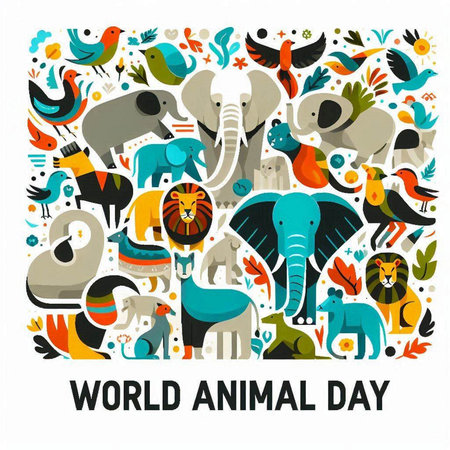 World Animal Day. Vector illustration with cute cartoon animals and elements.のイラスト素材