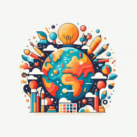 Creative idea concept. Vector illustration in flat linear style. Earth globe, rocket, bulb, planet, city, lightbulb.のイラスト素材