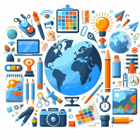 Back to school, education concept with globe and school supplies. Vector illustrationのイラスト素材