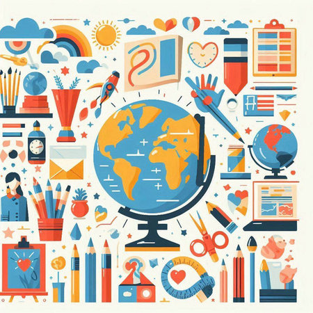 Back to school flat design icons set with globe, books, pencils, eraser, ruler, pencils and other school supplies isolated vector illustrationのイラスト素材