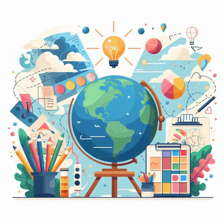 Back to school concept with globe and school supplies. Vector illustration.のイラスト素材