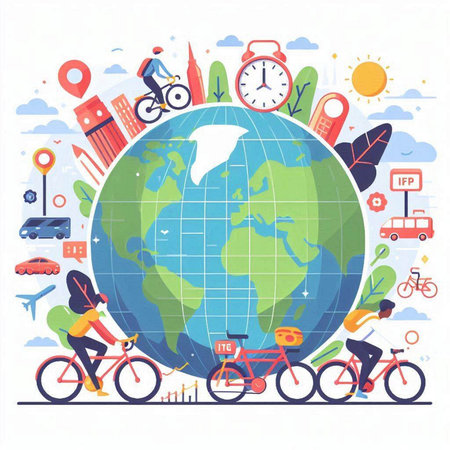 Vector illustration of people riding bicycles around the world. Eco friendly transport concept.のイラスト素材