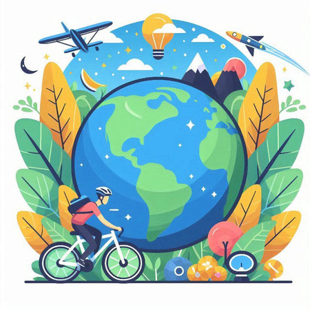 Vector illustration of a cyclist riding a bicycle around the planet Earth.のイラスト素材