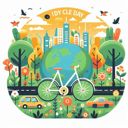 World Bicycle Day. Vector illustration with bicycle, city and trees.のイラスト素材