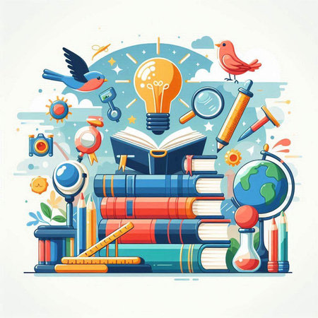 Vector illustration of education and learning flat design concept with books, globe, magnifying glass, bulb, eyeglasses, bookshelf, pencils, compass and bird.のイラスト素材