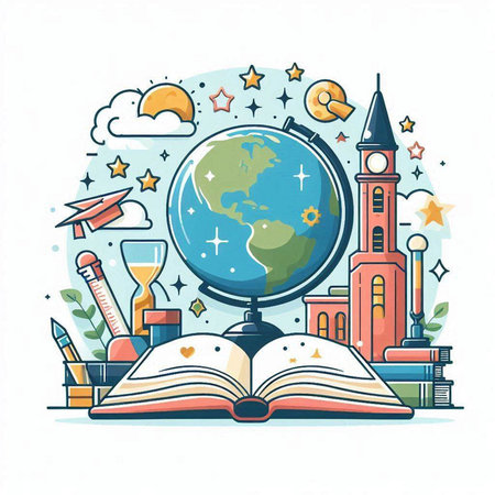 Vector illustration of an open book with the image of the globe.のイラスト素材
