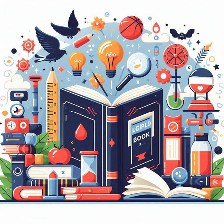 Vector illustration of science and education concept with books, icons and elements.のイラスト素材
