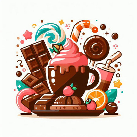 Cup of hot chocolate with sweets and candies. Vector illustration.のイラスト素材