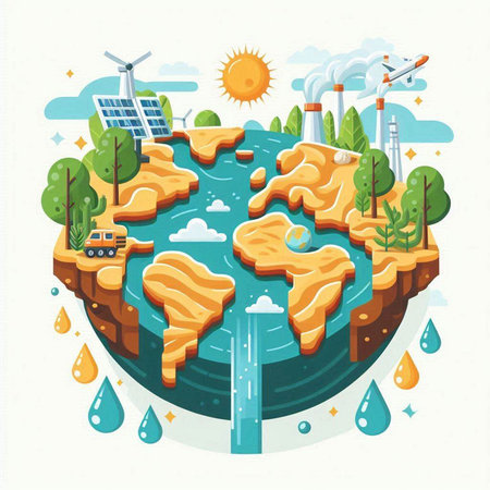 Ecology and environment concept. Vector flat cartoon illustration of earth with solar panels, windmills and solar panels.のイラスト素材