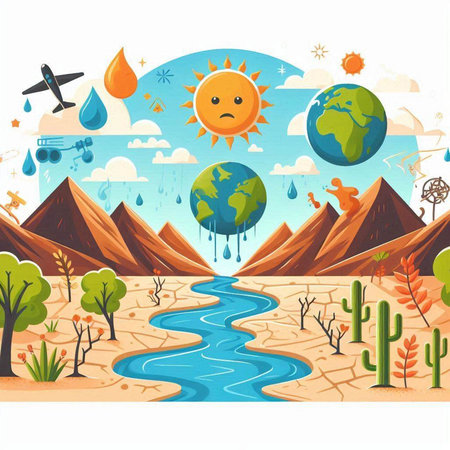 Vector illustration of cartoon landscape with sun, mountains, cactus, water and cloudsのイラスト素材