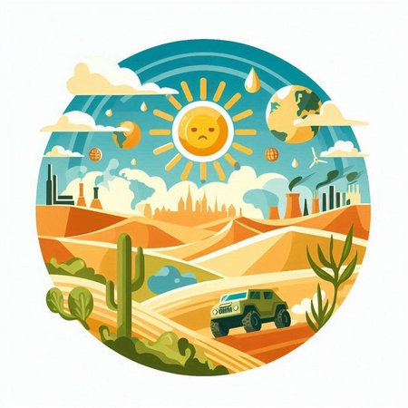 Landscape of the desert with camper car and sun. Vector illustration.のイラスト素材