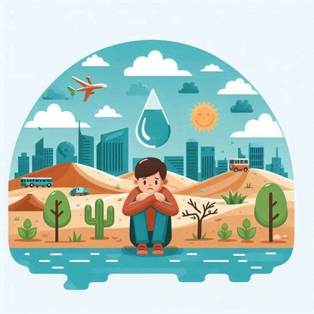 Sad man sitting on the ground and looking at the rain. Vector illustrationのイラスト素材