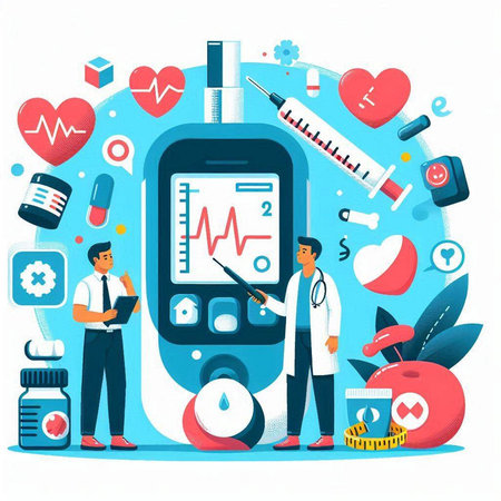 Medicine, healthcare and technology concept. Doctor with stethoscope, smartphone, blood test, syringe, pills, heart rate monitor. Vector illustration in flat styleのイラスト素材