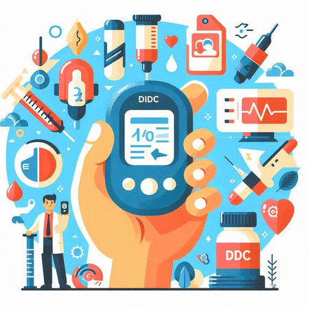 Diabetes care concept. Vector illustration in flat design style. Hand holding glucometer.のイラスト素材