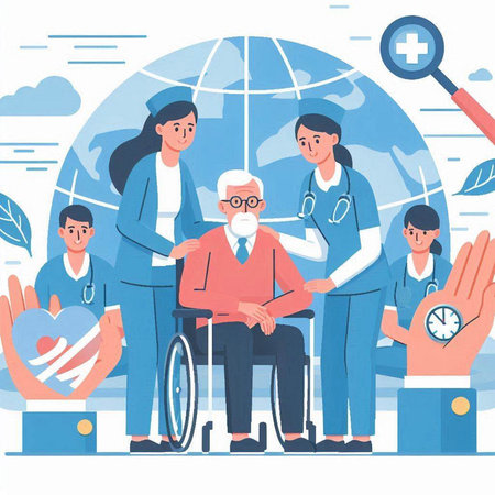 Disabled man in wheelchair with nurse and doctors. Vector illustration.のイラスト素材