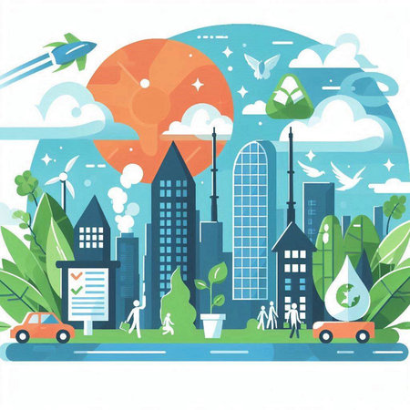Ecology concept. Vector flat design illustration. City landscape with green trees, skyscrapers, houses, windmills, cars and people.のイラスト素材