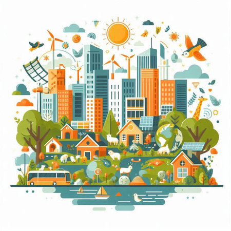 Ecology concept. City landscape with buildings and trees. Vector illustration.のイラスト素材