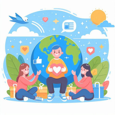Happy people with globe and social media icons. Vector flat cartoon illustrationのイラスト素材