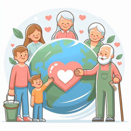 Elderly people with children and a globe. Vector illustration.のイラスト素材
