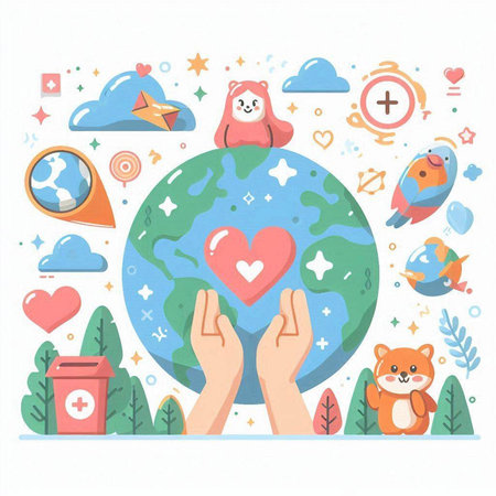 Flat design vector illustration concept of World Environment Day. Earth in hands and icons around.のイラスト素材