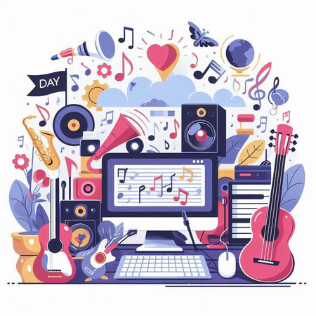 Colorful flat vector illustration of world music day concept with musician and musical instruments.のイラスト素材