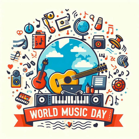World music day poster with musical instruments and symbols. Vector illustration.のイラスト素材