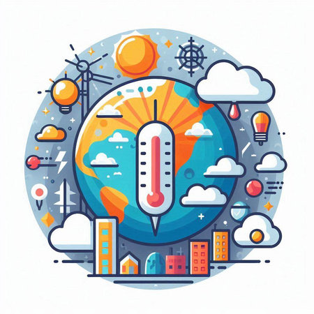 Global warming concept with thermometer and cityscape. Vector illustration.のイラスト素材