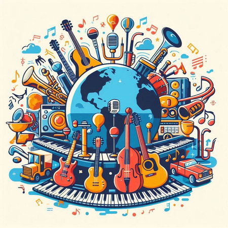 Musical instruments around the earth. Vector illustration in doodle styleのイラスト素材