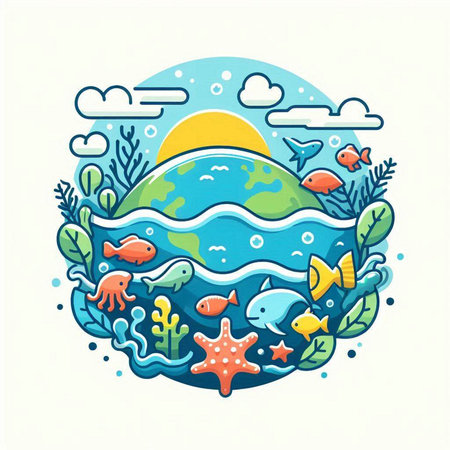 Vector illustration of the world in the sea with fish, seaweed and starfishのイラスト素材