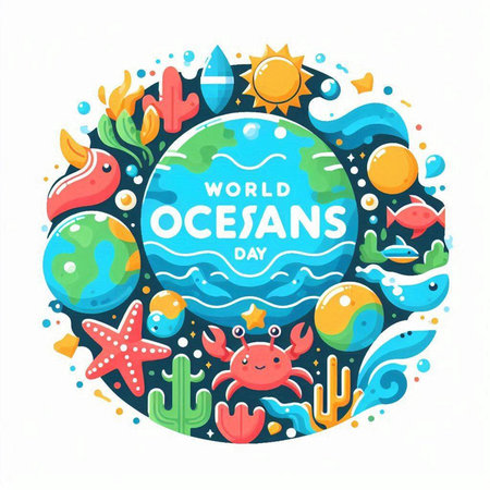 World oceans day poster. Vector illustration of world ocean day banner with lettering.のイラスト素材