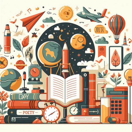 Vector illustration of education concept in flat line style with books, globe, rocket and other objectsのイラスト素材