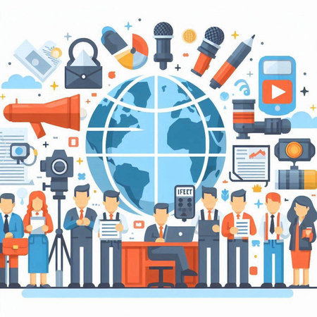 Journalist, journalist, news anchor, journalist and press conference. Flat vector illustrationのイラスト素材