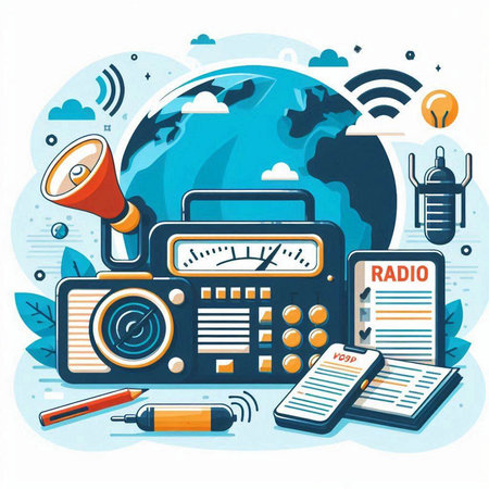 Flat design vector illustration concept of telecommunication technology. Radio, internet communication, mobile phone, laptop, mobile phone, microphone, headphones, notebook.のイラスト素材