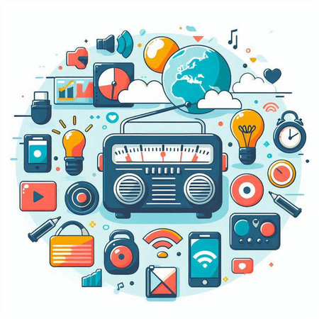 Vector colorful illustration with icons of radio, headphones, music player, world map, social media, mobile phone.のイラスト素材