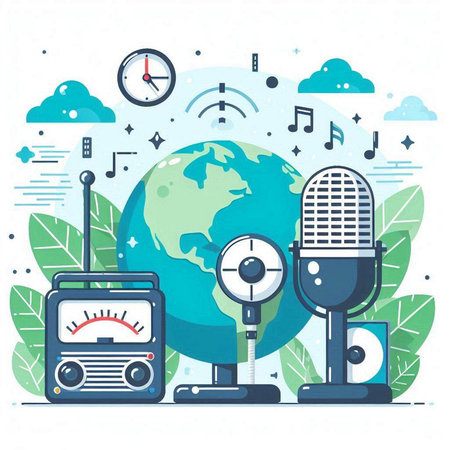 Vector illustration of radio station. Flat line art style design. Radio equipment.のイラスト素材