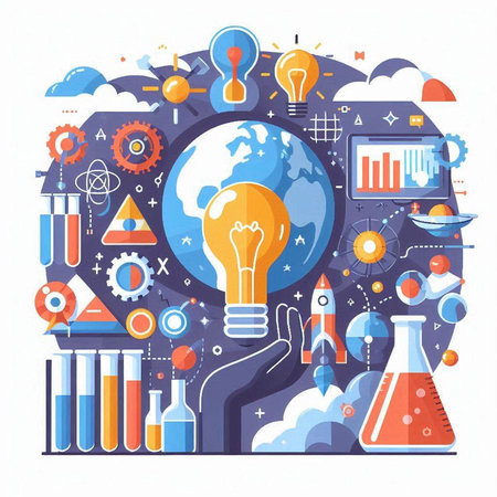 Flat design modern vector illustration concept of education, science, technology, research, development, development, innovation, brainstorming, knowledge, knowledge, learning, business.のイラスト素材
